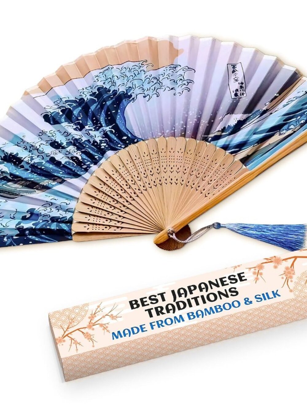 Japanese Fan for Women, 14.5x8.2 In Silk Folding Hand Fan, Bamboo